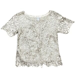 Silken Poetry Women's VTG Beige Lace Crochet Beaded Short Sleeve Top Size M